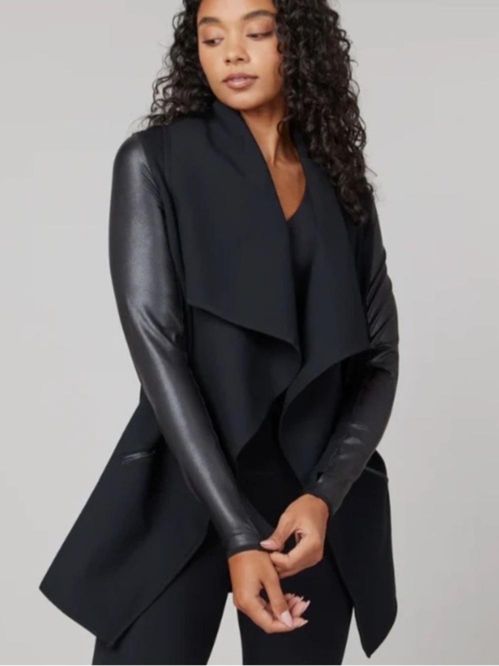 SPANX Black Draped Front Jacket with Faux Leather Sleeves